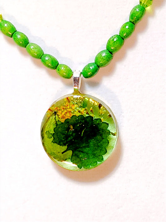 Green Wood and Leaf Necklace